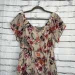 AUW  Floral Midi Dress Women’s Medium Beige Red Short Sleeve Boho Peasant Western Photo 2