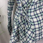 Miss Me Green Blue & Ivory Plaid Gingham Long Sleeve Button Up Top L Photo 5