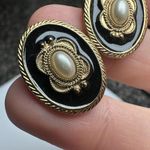 1928 Brand Gold Tone Black Enamel Faux Pearl Pierced Stud Earrings Photo 1