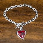 TAXCO Sterling Silver Red Jasper Heart Charm Rolo Bracelet Photo 1