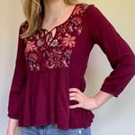 American Eagle Maroon Embroidered Floral Peasant Top XS Photo 1