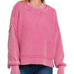 316. Women's Pink Acid Wash Oversized Cropped Ribbed Crewneck Sweater NEW Size undefined Photo 0