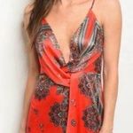 BANJUL NWT Sleeveless Cowl Neck Printed Satin Party Dress in Red Combo Photo 0