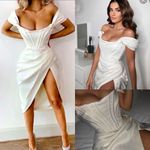 House Of CB  Loretta Ivory‎ Satin Strapless Dress white corset midi NWOT size S Photo 12