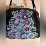 Black Suede Bag Vintage LULU GUINESS Purple Blue Floral embroideried needlepoint Photo 4
