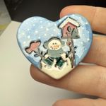 Snowman & Cardinal Bird In Heart Ceramic Brooch Pin Handcrafted Hand Made Photo 4