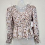 Japna Floral Spring Sunflower Print Pastel Pink Ruched Smocked Blouse Top Size S Photo 0