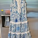 Johnny Was 💕💕 Aster Tiered Midi Dress 100% Linen ~ Blue Floral Print Small Photo 10