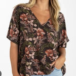 Natural Life  Easy V-Neck Top -‎ Brown Orange Hibiscus size large Photo 0