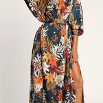 Lulus Take a Holiday Navy Blue Tropical Print Maxi Kimono Style Dress Sz S NWT Photo 0