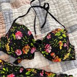 None Vtg black floral tropical colorful bright push up top lettuce trim bikini set Photo 2
