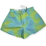 We Wore What  Flare Bell Shorts in Green/Blue Tie-Dye Stretch Twill Denim Sz 28 NWT Photo 2