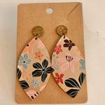 Boutique Dangly Earrings Diamond Teardrop Shape Leather Metallic Rose Gold Blue Pink Orange Flower Floral Photo 0