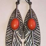 Silver Tone Coral Accent Boho Feather Earrings Photo 0