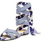 CAbi Tied Up Watercolor Blue Floral Striped Cotton Ankle Wrap Sandal 6013 8 NWOB Photo 12
