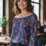 Rachel Zoe  Abstract Print Silk Drawstring Blouse Business Casual Office wear 10 Photo 0