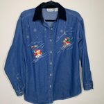 Skiing Snowman Holiday Denim Shirt Velvet Collar Sz Small Blue Photo 0