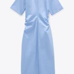 ZARA Blue Ruched Buttoned Slit Midi Dress Photo 3