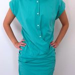 Sara Roka Teal Ruched Collared Button Up Mini Dress Medium Italy Designer Luxury Green Photo 0
