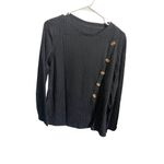 None Black Ribbed Asymmetrical Button Detail Long Sleeve Top Size L Photo 3