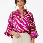 BIBI Womens Purple White Satin Zebra Print Peasant Top Size L Coastal Old Money Size L Photo 0