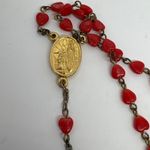 Vintage 1980 Heart Beads Rosary Necklace Gold Tone Religious Cross Pendant *read Red Photo 2