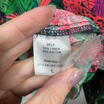 Palms Away Top Women L Green Pink Linen Button Down Shirt Spring Leopard Novelty Size L Photo 3