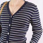 Ralph Lauren Lauren Petite Striped Silk Cardigan Navy White V Neck Button Front Photo 5