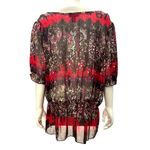 AGB XL Sheer Lace Tunic Red Black Snake Tie Neck Blouse Romantic Abstract Print Photo 5