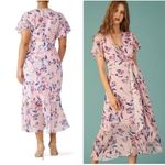 Tanya Taylor Pink Floral Silk Wrap Short Sleeve Ruffle V-Neck Midi Dress Size 20 Photo 6
