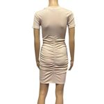 Beyove Ruched Bodycon Ribbed V Neck Button Front Short Sleeve Mini Dress Small Tan Photo 4