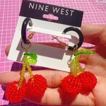 Nine West  red cherry 🍒 green leaves black loops drops beads earrings Photo 0