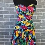80's Bold Floral Strapless Party Dress | Ruched Bustier Mini Bubble | Size 10 Pink Photo 0