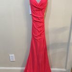 La Femme ‎ PROM 30444 In Hot Coral Ruched Draped Neckline Lace Up Strappy Back Photo 0