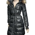 SAM. Women’s XS Black Infinity Fur Trim Hooded Belted 3/4 Length Puffer Jacket Photo 0