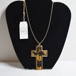 BP NWT Nordstrom Brass Plum 3 Inch Animal Print Cross Gold Tone Pendant Necklace Photo 0