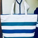 Large White Tote Bag/Purse w/ Grey & Blue Stripes Photo 0