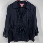 Bandolino Women Black Blouse Size 14 Button Down 3/4 Sleeve Eyelet Tie Waist Top Photo 1