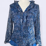 Vintage Y2K Women M Petite Silk Blue Paisley Bell Sleeve Flowy Ruffle Hem Sheer‎ Size M Photo 0