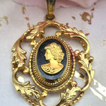Whiting & Davis Vintage  Gold Tone & Black Cameo Leaf Pendant Classic 2" Photo 0