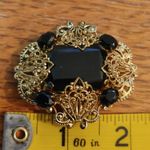 Brooch Black Edwardian Revival Mourning Czech Gilded Metalwork Gold Filigree Size 2 Photo 3