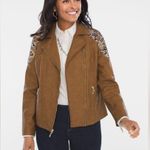 Chico's Tan Faux Leather Jacquard Mixed Media Moto Jacket Southwestern Sz Medium Photo 1