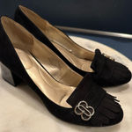 Bandolino  Black Suede Block Heels Gold Logo Hardware Slip Resistant Shoe Sz 7.5 Photo 0