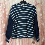 Chaser Navy Blue Striped Mixed Media Blouson Sleeve Pullover Hoodie Photo 1