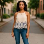 Chloe & Katie Crinkle Embroidered Halter Tank | Size XS | White Photo 9