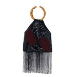 Vintage Retro Womens Sequin Beaded Bamboo Handle Fringe Handbag Black Maroon OS Photo 2