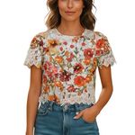 Badgley Mischka FLORAL EYELET SHORT SLEEVE CROPPED BACK ZIPPERED WHITE GREEN TOP Photo 0