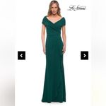 La Femme  Off Shoulder V Neck Long Sheath Jersey Gown Photo 13