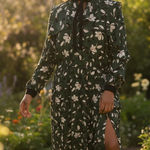 Eloquii  Dark Green Floral Ruffled Long Sleeve Front Split Maxi Dress Photo 0