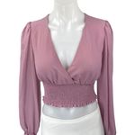 Aritzia Wilfred Pink Long Balloon Sleeve Deep V Neck Smocked Blouse Crop Top XS Photo 0